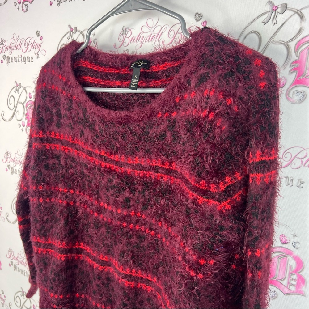 Jessica Simpson sweater furry fuzz stripes Burgundy and Red Fuzzy Sweater - Picture 4 of 8